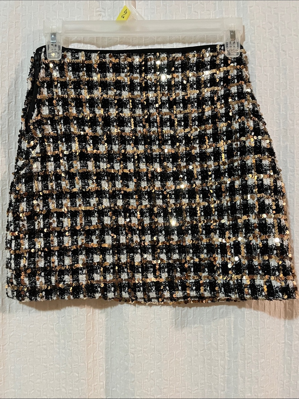 NWOT TWEEN DIVA MINI SKIRT - Gold Sequins Over Black & White Plaid - Side Zipper